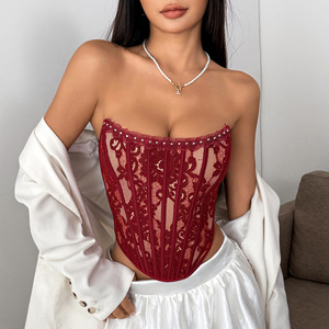 Chuangerm Spot Nouvelle Collection 2025 – Top <span class=keywords><strong>Bustier</strong></span> Noir Élégant et Esthétique, en <span class=keywords><strong>Dentelle</strong></span> Florale, avec Baleines et Dos Nu - Product Image 1
