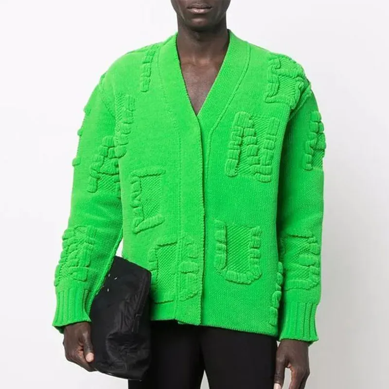 Men sweater custom cardigan sweater Green Knit Embossing cardigan sweater