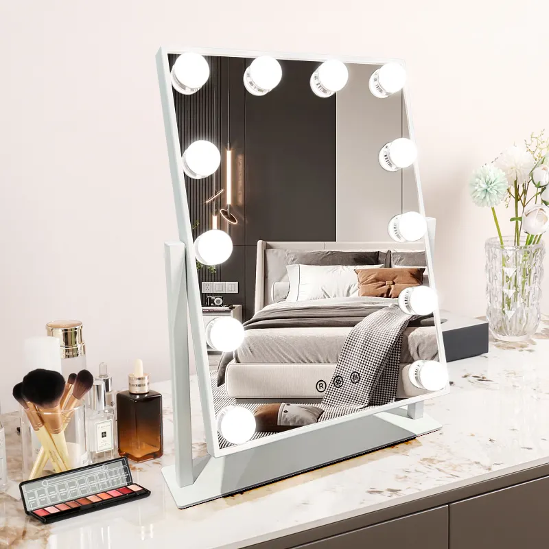Tocador de escritorio personalizado estilo Hollywood LED iluminado maquillaje espejo cosmético 5mm de espesor cobre libre plata espejo rectángulo