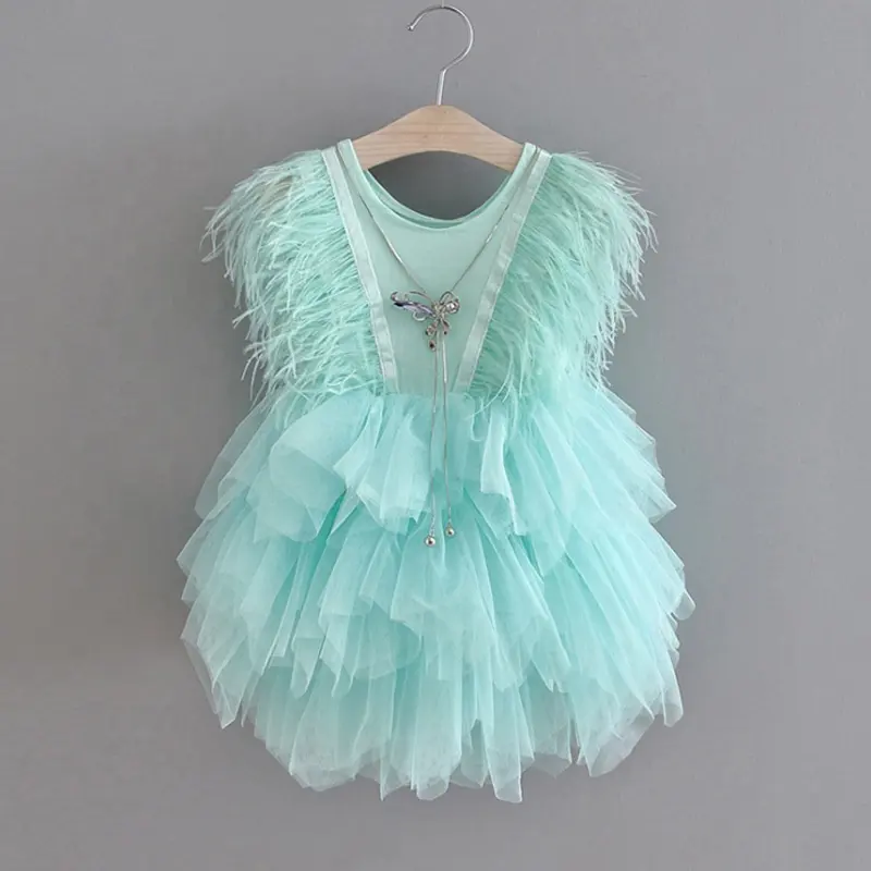 Baby Kid Girls Spaghetti Strap Feather Party Dress Shiny Princess Birthday Ruffle Tulle Spliced Tutu Cake Dress