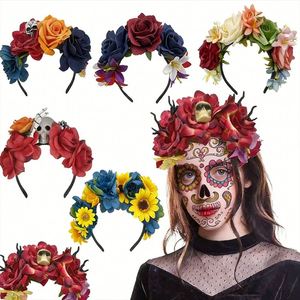 Nouveau style Serre-tête tête de mort avec fleurs artificielles pour le Jour des Morts, Couronne de fleurs, Coiffe de festival d'Halloween - Product Image 1