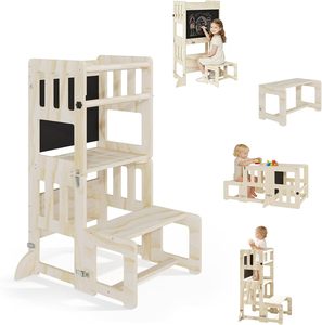 4-in-1 Wooden <b>Toddler</b> Tower,Foldable <b>Step</b> <b>Stool</b> for Kitchen with Blackboard - Product Image 1