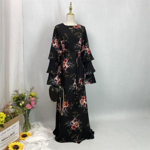 Big Discount Dress Fashion Three Layers Tiered Sleeves With Colorful Flowers Print Back Zipper Muslim Women <b>Abaya</b> Dress 9071# - Product Image 3