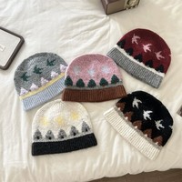 Bonnet en tricot jacquard rétro avec logo personnalisé, motif oiseau et arbre, pour femme, épais, chaud, hiver, coupe-vent, bonnet ajusté