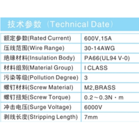 Bloc de bornes à vis 600V 30A pour conducteur en aluminium >30AWG, contact en laiton, 12 pôles, isolation PA66 XLCF FR 5N pour alimentation électrique