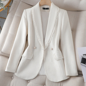 <b>Pink</b> Women's <b>Tweed</b> Blazer Long Sleeve Pearl Button Lapel <b>Jacket</b> High-End Fashion Coat For Office Wear - Product Image 3