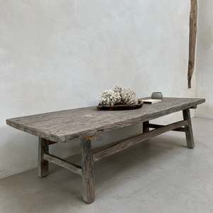 Table basse rustique en bois flotté antique, en olivier récupéré, style Wabi Sabi, gris patiné, meuble de salon - Product Image 2