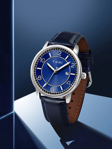 Montre analogique classique TOMI pour homme, mouvement à quartz, boîtier en acier inoxydable, cadran bleu, bracelet en cuir marron - Product Image 2