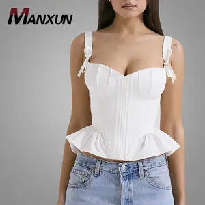 Oem Katoenen Ruches Tops Sexy Mouwloze Laag Uitgesneden Blouses Effen Eenvoudige Stijl Rugloze Dames Top Blouse