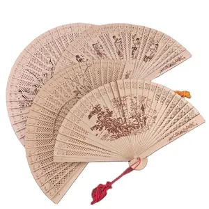Chinese style Mid-Autumn Festival souvenir ancient style engraved logo wooden hand fan 23cm hollow folding fan with box