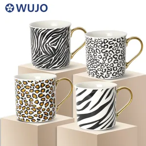 WUJO New Design Ceramic Coffee Mug OEM Ceramic Porcelain Coffee Cup Mugs with Gold Handle