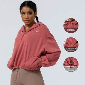 Sm2314 kadın Hoodies yarım Zip uzun kollu üst İpli spor ile kazak üzerinde çekin Yoga ceketi spor ceket açık - Product Image 4