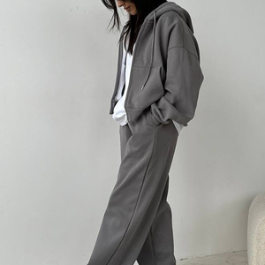 Wholesale Custom <b>women</b> Knitted Cotton Track <b>Suit</b> With Solid Color Drawstring Hood 2-Piece Design Winter <b>Sweat</b> <b>Suit</b> Set - Product Image 2