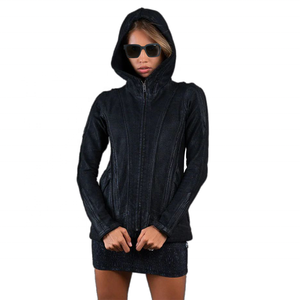 Femmes rétro Vintage décontracté solide à capuche veste <span class=keywords><strong>noir</strong></span> ciré fermeture éclair Long manteau d'hiver automne automne délavé à l'acide - Product Image 1