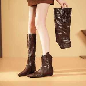 Knee-High Western Boots <b>Pointed</b> <b>Toe</b> <b>Flat</b> Heel 1cm Height Increasing Buckle Decor Solid Color Women's Fashion Boots - Product Image 1