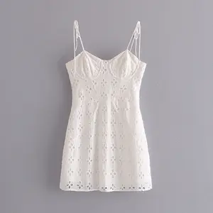 Western style good quality embroidered hollow out eyelet girls summer white cotton dress