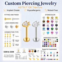 Anting-anting tusuk tulang rawan titanium ASTM-F136 dengan potongan mata ikan CZ, bagian belakang datar, warna emas dan perak, grosir perhiasan tindik.