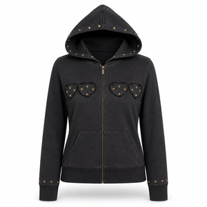 New Washed Hooded Jacket 80% Cotton 20% Polyester, Zip up Applique <strong>Heart</strong> Embroidery Rivet Long Sleeve Hoodie S-M-L - Product Image 3