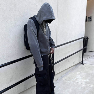 הגעה חדשה צרפתית טרי כבד קפוצ 'ון חומצה שטיפה ברינסטון משובצים zip עד וינטג' רגיל hoody מתאים לגברים - Product Image 2