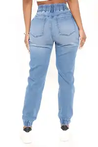 Nuevo artículo caliente Cómodos pantalones vaqueros elásticos de cintura alta con cintura elástica Casual estilo de fiesta cinturón decoración patrón de retazos