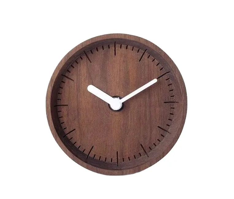 Wholesale wooden mini round mute needle brass movement wooden desktop alarm clock bedroom creative arc alarm clock.