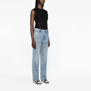 Logo personnalisé femmes coupe droite taille moyenne bleu clair lavage charpentier <span class=keywords><strong>jean</strong></span> respirant Denim Streetwear Sexy décontracté Style poches - Product Image 2
