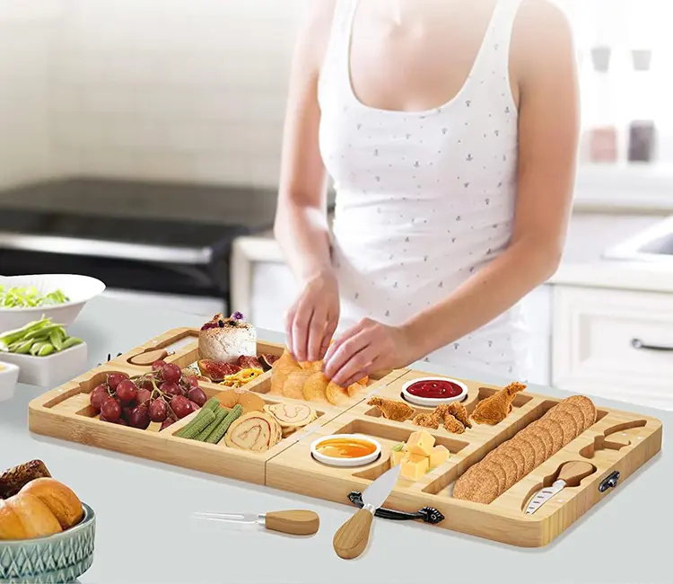 Gấp tre charcuterie Bảng bộ món quà tuyệt vời pho mát Tấm cho bữa tiệc dã ngoại gia đình có thể gập lại phục vụ khay