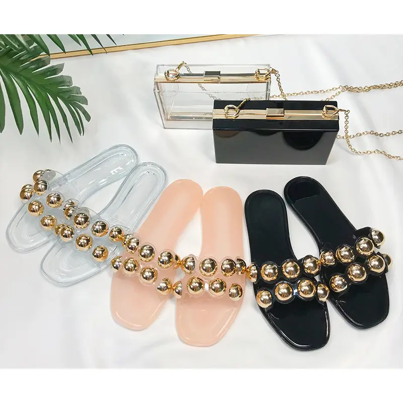 Summer slippers women trendy leisure sweet pearl slides beach shoes crystal jelly metal beads flat sandals slippers for women