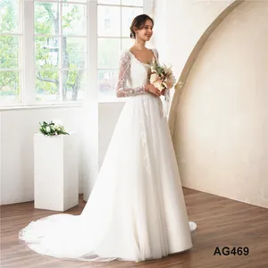 2023 Elegant Gorgeous Open Back Square Neck Long Sleeve Wedding Dress Tulle Lace Embroidery Boutique Weeding Gown Dress