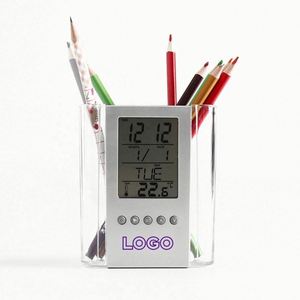ที่ใส่ปากกาแบบใสอเนกประสงค์พร้อมนาฬิกาและที่เก็บของบนโต๊ะทำงาน พร้อมโลโก้สั่งทำ - Product Image 2