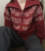 Pull en tricot de Noël pour femmes, cardigan jacquard Fair Isle, col roulé entièrement zippé, hiver, fabrication OEM personnalisée, vente en gros