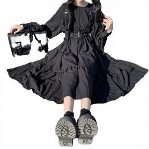 Vestido Midi Negro de Manga Larga Estilo Gótico Harajuku Lolita Kawaii Punk, Cuello Cuadrado, Silueta de Sirena Trompeta, Geométrico - Product Image 2