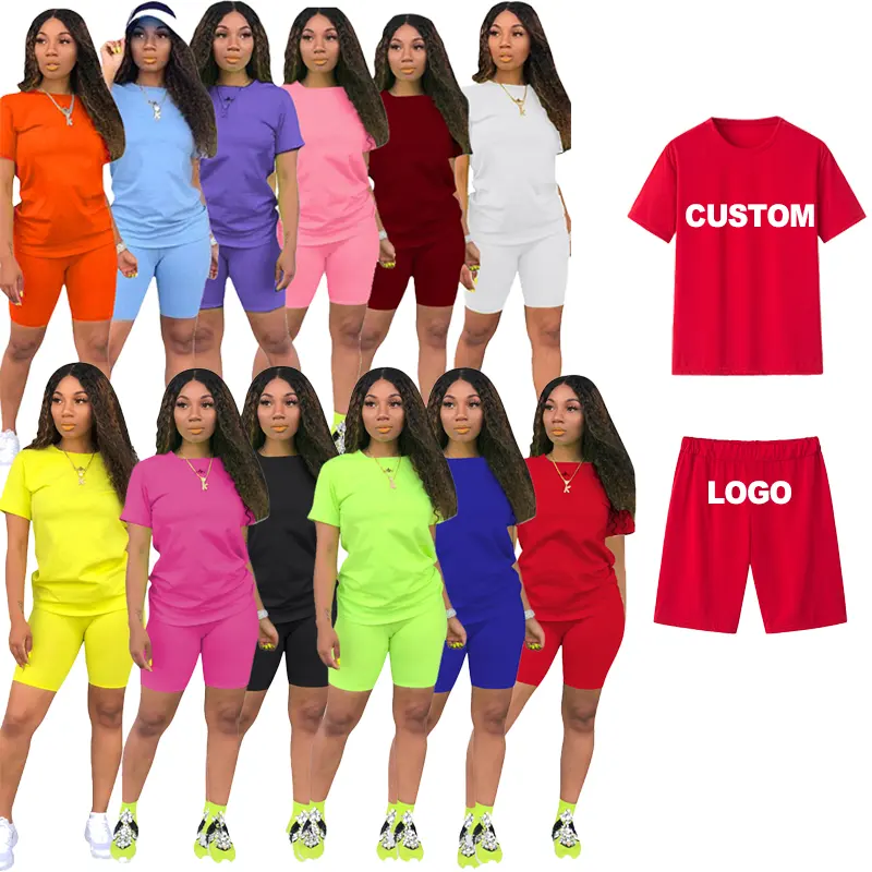 Logo Custom Shorts Ladies Shorts Sets 2 Pcs Casual Summer Blank Tshirt Crop Top Biker 2 Piece Women Short Set Clothing