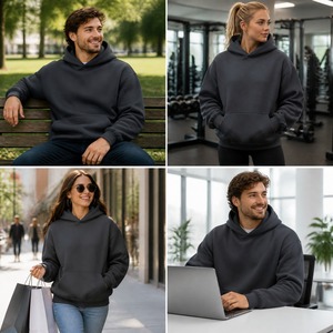Sweat-shirt à capuche unisexe noir surdimensionné en polaire 400 GSM, coton épais, style streetwear, brodé pour homme - Product Image 6
