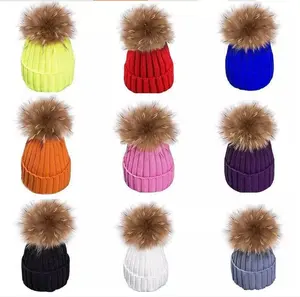 Wholesale Knit Beanie Knitted Hats Fleece Lining Faux Fur Interchangeable Pom Beanie