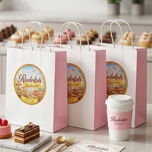 Customized Eco-Friendly Recyclable Kraft <b>Paper</b> Bakery Bags with Handle for Desserts Cookies Macarons Packaging - Product Image 3