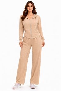 Completo da donna 2 pezzi con felpa e pantaloni lunghi in pile polare tinta unita con cerniera, comodo per lo yoga - Product Image 1
