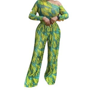 ชุดเซ็ต 2 ชิ้น เสื้อแขนยาวคอเฉียงพิมพ์ลาย กางเกงขายาวจีบพลีท แฟชั่นสำหรับผู้หญิง - Product Image 3