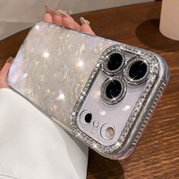 Coque de téléphone de luxe rose irisée en forme de cœur pour iPhone 18 17 Pro Max 16 15 14 Pro Max avec protection d'appareil photo en strass scintillants