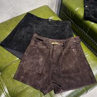 Shorts en cuir pour femme, style streetwear d'été, en cuir d'agneau véritable, suède marron