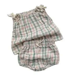 Set pakaian bayi perempuan, setelan baju anak perempuan balita kotak-kotak 6 sampai 12 bulan kualitas tinggi musim panas