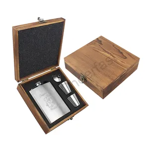 Custom 8oz Black Hip Flask Gift Set And Hip Flask Stainless Steel With Wooden Gift Set And Black Stainless Steel Hip Flask