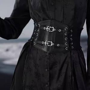 Ceinture élastique pour femme, style rétro européen et américain, en dentelle noire, en polyester/coton, fine, décontractée, cintrée, unie, tissée, pour les fêtes - Product Image 2