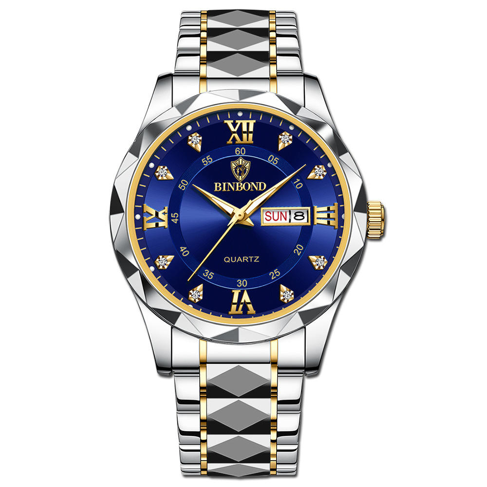 1 นาฬิกาผู้ชาย สไตล์หรู ตัวเรือนสีเงินทอง หน้าปัดสีน้ำเงิน