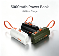 Batterie externe portable mini 5000 mAh DC avec support intégré, 10W, câble intégré, affichage LED, 2 ports Type-C, 1 port USB, Lithium-ion, plastique, Japon