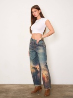 Jean en denim pour femme de haute qualité, coupe baril, imprimé animal numérique, décontracté, sexy, en coton, bleu délavé vintage, pour l'été