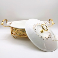 Plat de service de luxe en céramique 1,5L/2L avec incrustations de diamants, chauffe-plat de buffet en porcelaine avec couvercle pour mariages, hôtels et banquets