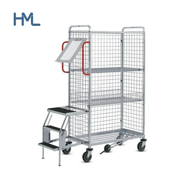 Magazzino trolley logistica negozio maglia di acciaio multi-tier ordine raccolta trolley con gradini e scaletta
