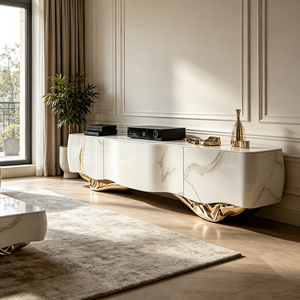 Mueble para <span class=keywords><strong>TV</strong></span> de Fibra de Vidrio con Base Curva Escultural Dorada y Patrón de Mármol Blanco para Espacios de Vida Contemporáneos de Alta Gama - Product Image 4
