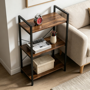 Estante de exhibición de metal con acabado de <span class=keywords><strong>madera</strong></span> de 3 niveles con soporte en X y patas ajustables, estantería de almacenamiento para entrada - Product Image 5
